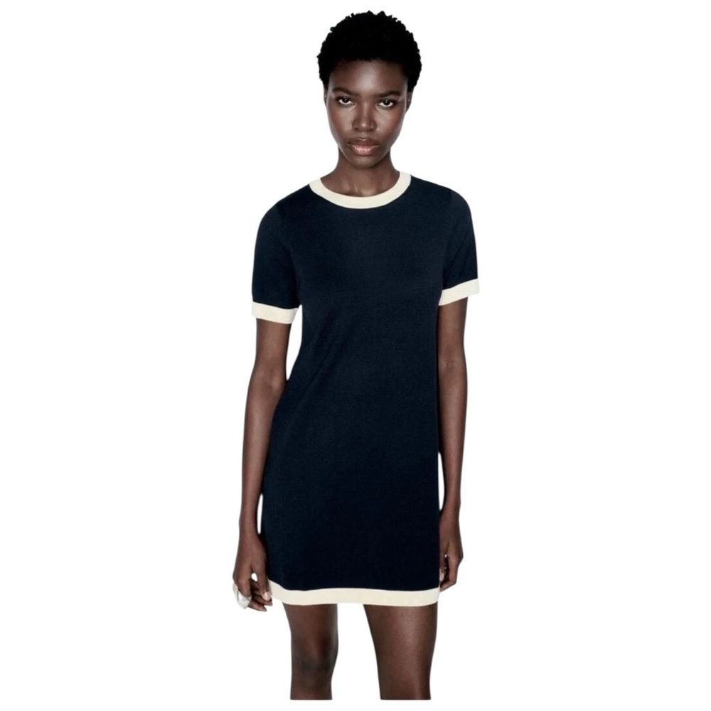 ZARA Knit Mini Dress Navy Ecru Contrast Trim Size S